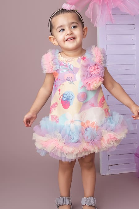 Label Neeti Pink Net, Cotton Tassels, Ruffles Blossom Print A-line Dress 