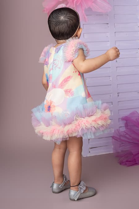 Shop_Label Neeti_Pink Net, Cotton Tassels, Ruffles Blossom Print A-line Dress _at_Aza_Fashions