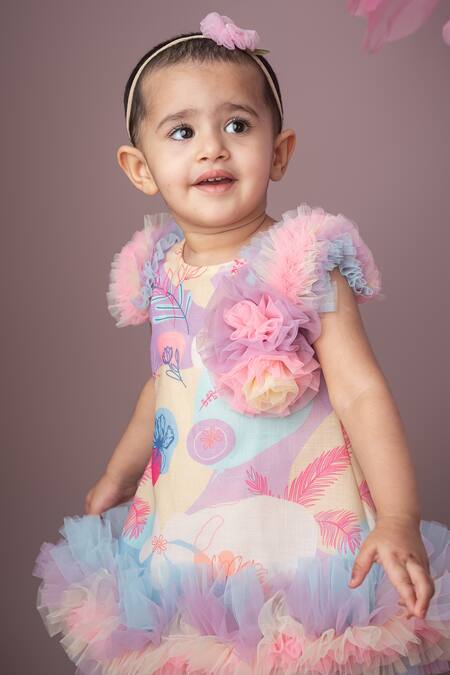 Label Neeti_Pink Net, Cotton Tassels, Ruffles Blossom Print A-line Dress _Online_at_Aza_Fashions