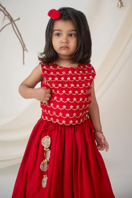 Buy_Label Neeti_Red Muslin, Silk, Net Sequins, Lace Embroidered Blouse Layered Lehenga Set _Online_at_Aza_Fashions