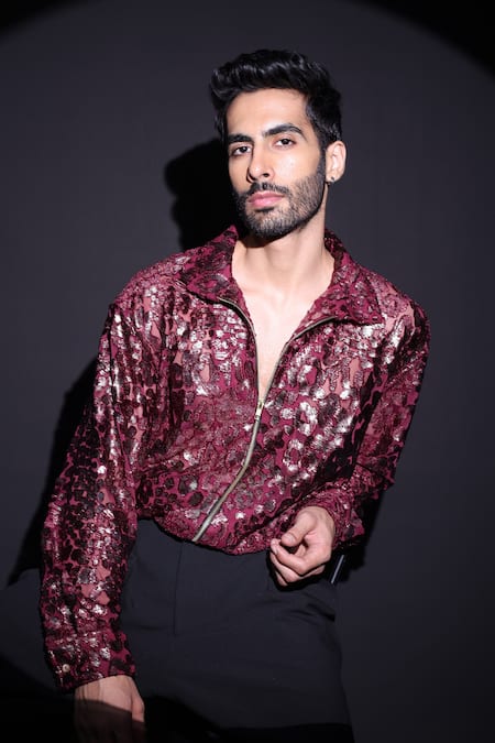Buy_Label Muslin_Maroon Velvet Sequins Designer Shirt _Online_at_Aza_Fashions