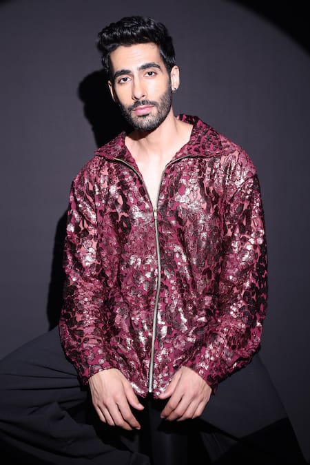 Label Muslin Maroon Velvet Sequins Designer Shirt 