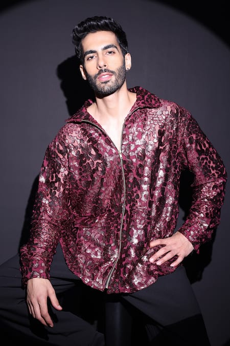 Shop_Label Muslin_Maroon Velvet Sequins Designer Shirt _Online_at_Aza_Fashions