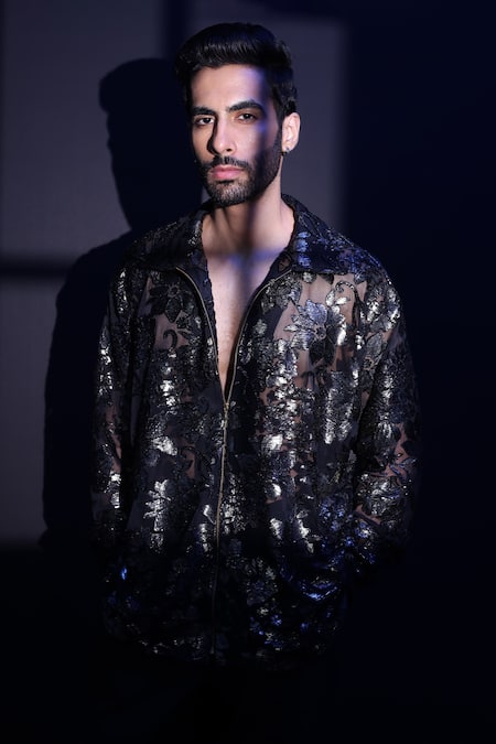 Buy_Label Muslin_Black Velvet Embroidery Designer Shirt _Online_at_Aza_Fashions