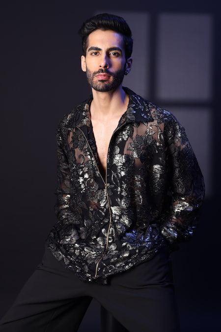 Shop_Label Muslin_Black Velvet Embroidery Designer Shirt _Online_at_Aza_Fashions