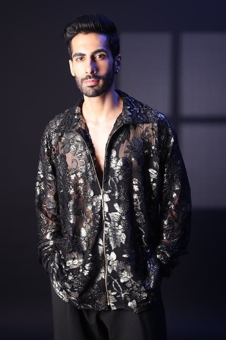 Label Muslin_Black Velvet Embroidery Designer Shirt _at_Aza_Fashions