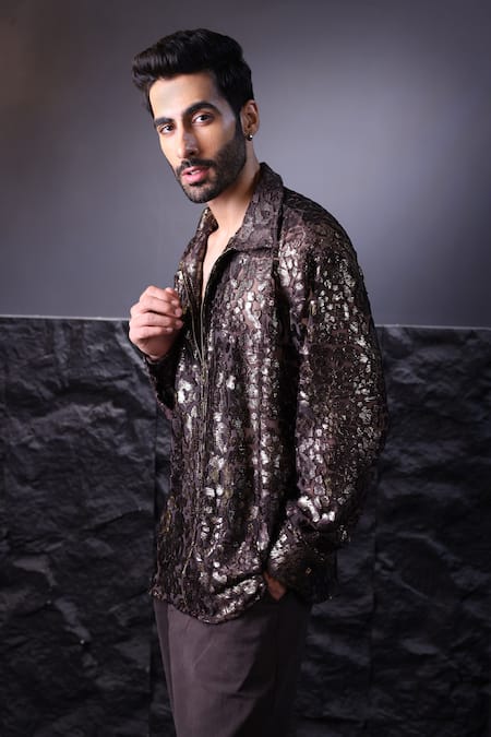 Label Muslin_Brown Velvet Designer Shirt _Online_at_Aza_Fashions
