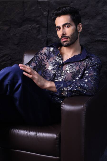 Label Muslin_Blue Velvet Embroidery Designer Floral Shirt _Online_at_Aza_Fashions