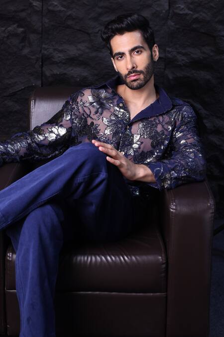 Buy_Label Muslin_Blue Velvet Embroidery Designer Floral Shirt _Online_at_Aza_Fashions