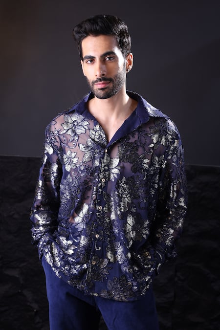 Label Muslin Designer Velvet Floral Shirt 