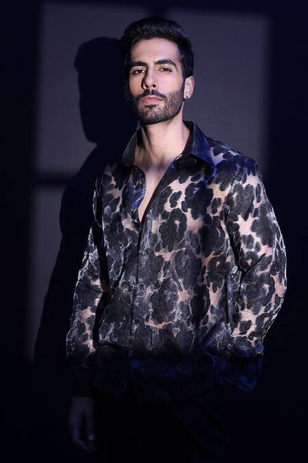 Label Muslin_Black Tissue Designer Floral Shirt _Online_at_Aza_Fashions