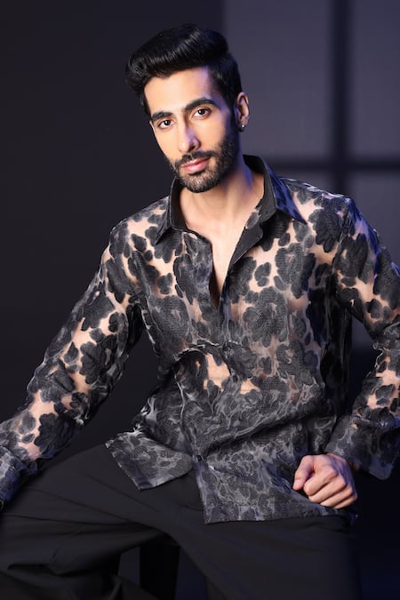 Buy_Label Muslin_Black Tissue Designer Floral Shirt _Online_at_Aza_Fashions