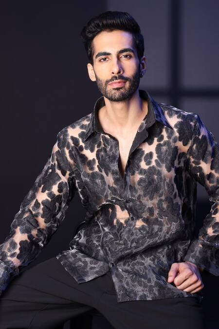 Shop_Label Muslin_Black Tissue Designer Floral Shirt _Online_at_Aza_Fashions