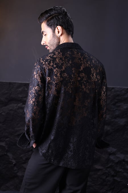 Label Muslin Designer Black Crochet Shirt 