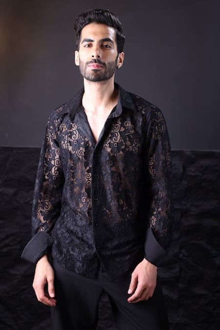Label Muslin Black Designer Crochet Shirt 
