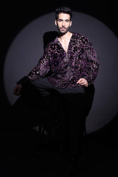 Label Muslin_Purple Embroidery Brasso Designer Shirt _Online_at_Aza_Fashions