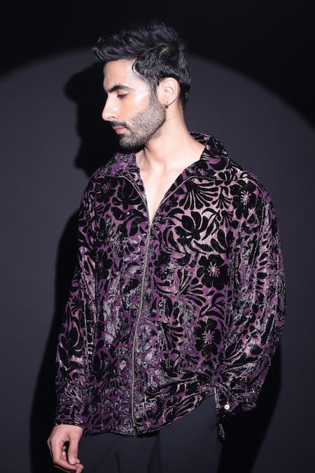 Label Muslin_Purple Embroidery Brasso Designer Shirt _at_Aza_Fashions