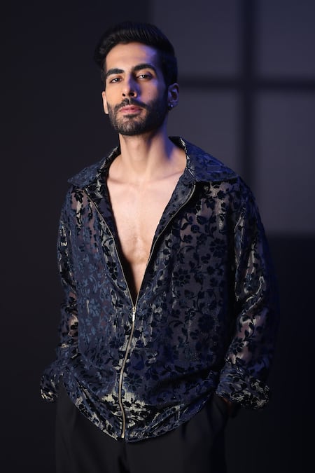 Label Muslin Blue Embroidery Designer Brasso Shirt 