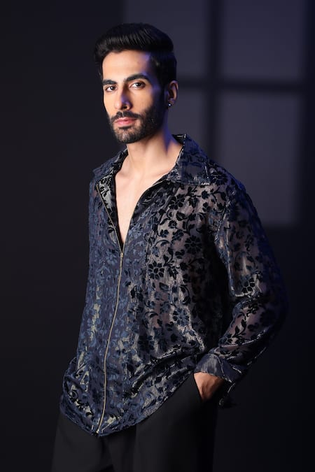 Label Muslin_Blue Embroidery Designer Brasso Shirt _Online_at_Aza_Fashions