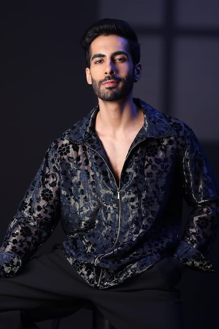 Buy_Label Muslin_Blue Embroidery Designer Brasso Shirt _Online_at_Aza_Fashions