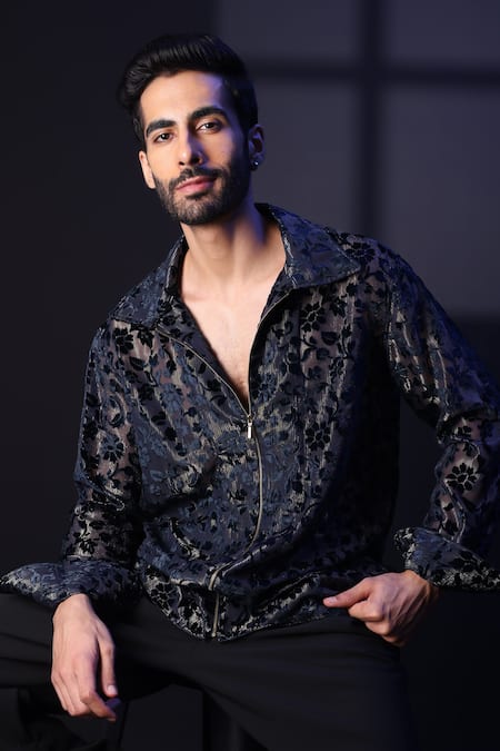 Shop_Label Muslin_Blue Embroidery Designer Brasso Shirt _Online_at_Aza_Fashions