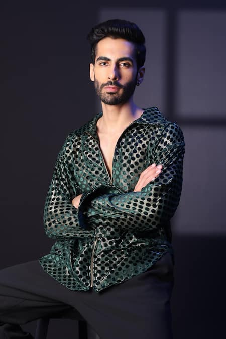 Label Muslin_Green Brasso Designer Shirt _Online_at_Aza_Fashions