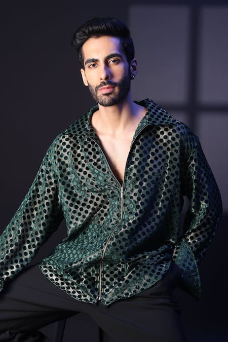 Label Muslin_Green Brasso Designer Shirt _at_Aza_Fashions