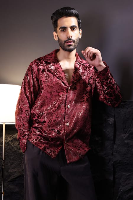 Label Muslin_Maroon Designer Brasso Shirt _Online_at_Aza_Fashions