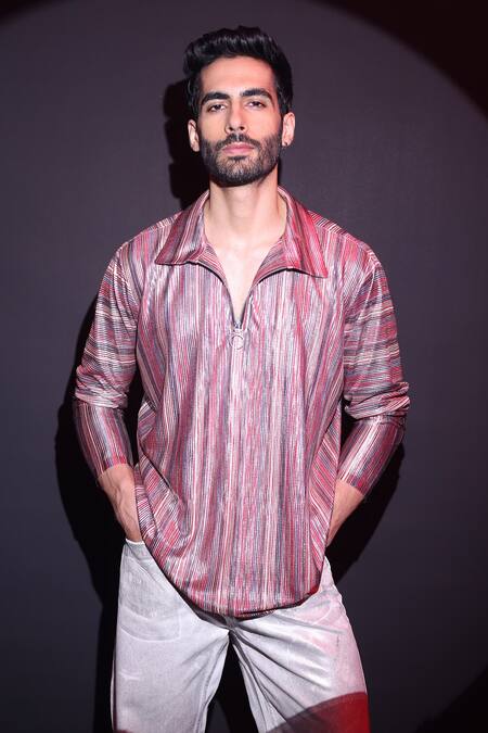 Shop_Label Muslin_Maroon Satin Designer T-shirt _Online_at_Aza_Fashions