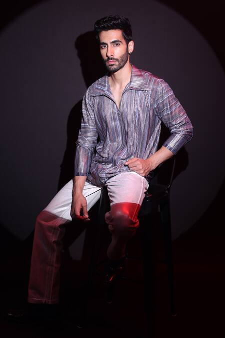 Label Muslin_Blue Satin Designer Striped T-shirt _Online_at_Aza_Fashions