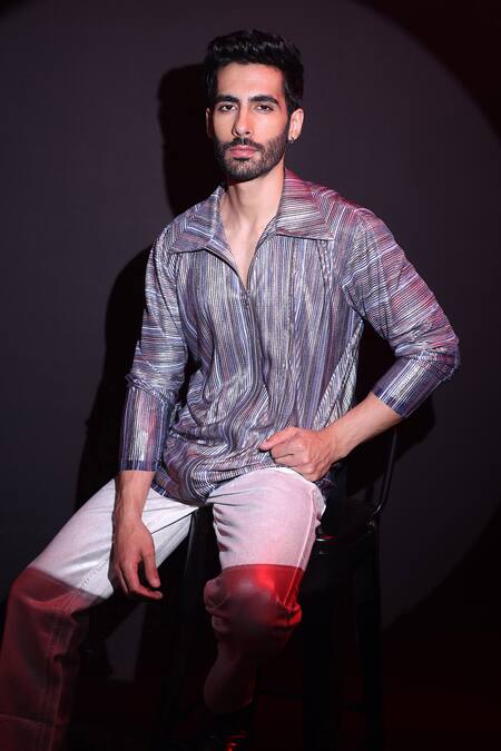 Buy_Label Muslin_Blue Satin Designer Striped T-shirt _Online_at_Aza_Fashions