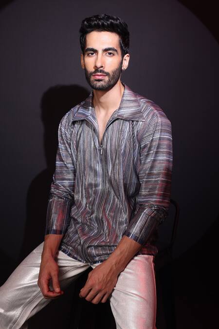 Shop_Label Muslin_Blue Satin Designer Striped T-shirt _Online_at_Aza_Fashions