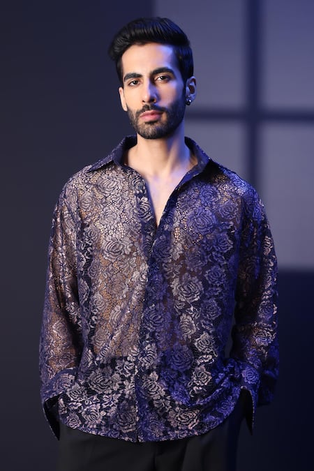 Label Muslin_Blue Net Embroidery Designer Shirt _Online_at_Aza_Fashions