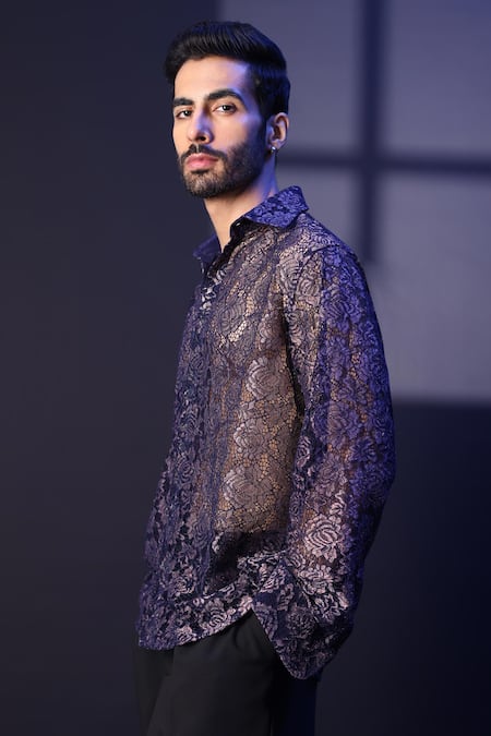 Shop_Label Muslin_Blue Net Embroidery Designer Shirt _Online_at_Aza_Fashions