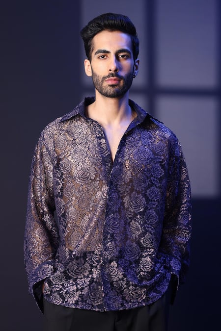 Label Muslin Blue Net Embroidery Designer Shirt 