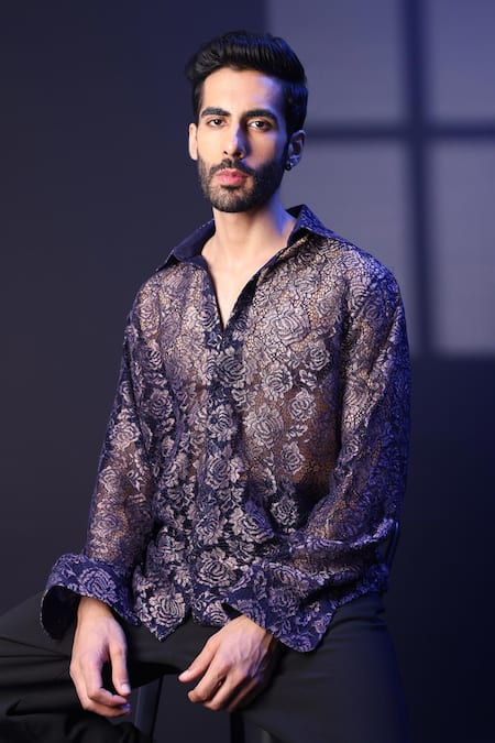 Label Muslin_Blue Net Embroidery Designer Shirt _at_Aza_Fashions