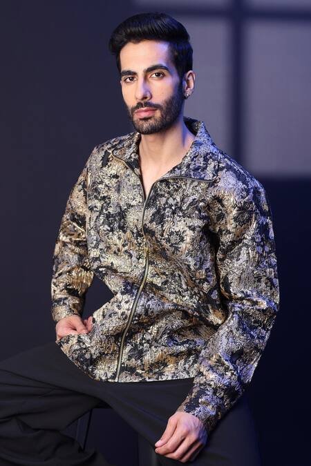 Shop_Label Muslin_Gold Jacquard Embossed Designer Shirt _Online_at_Aza_Fashions