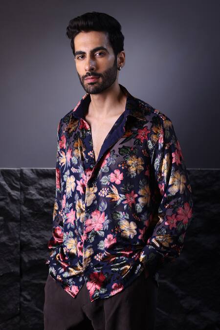 Label Muslin_Blue Floral Print Designer Shirt _Online_at_Aza_Fashions