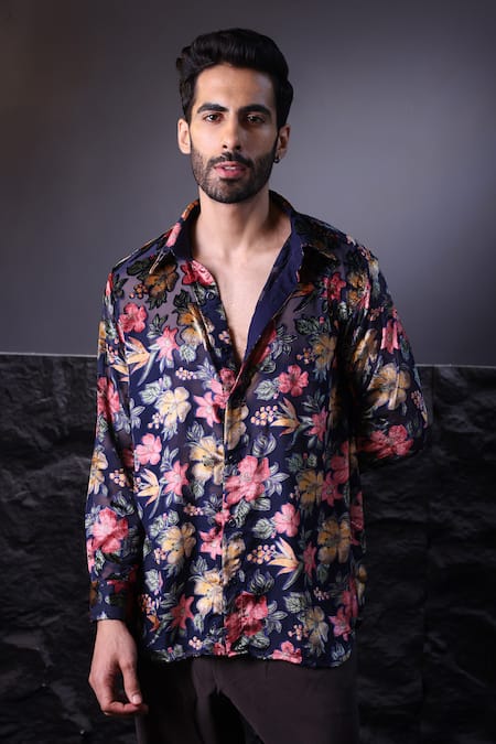 Label Muslin Blue Floral Print Designer Shirt 
