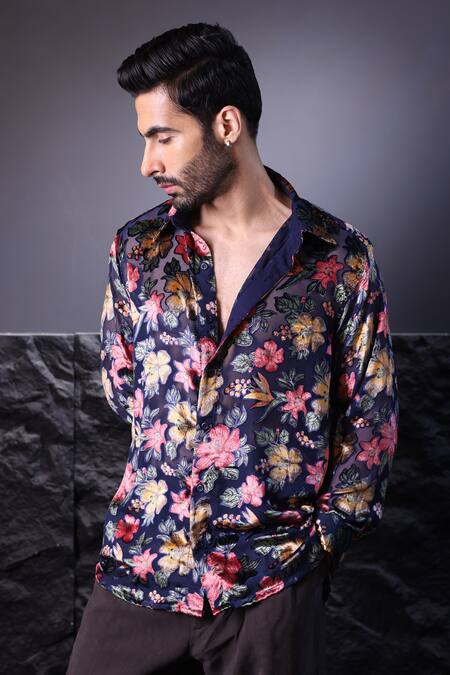 Buy_Label Muslin_Blue Floral Print Designer Shirt _Online_at_Aza_Fashions