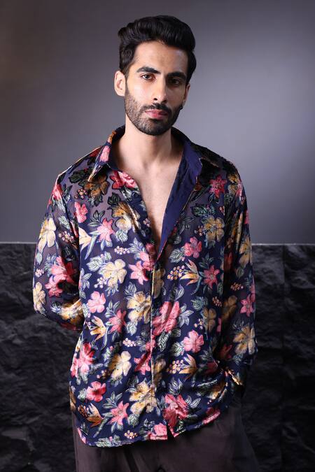 Shop_Label Muslin_Blue Floral Print Designer Shirt _Online_at_Aza_Fashions