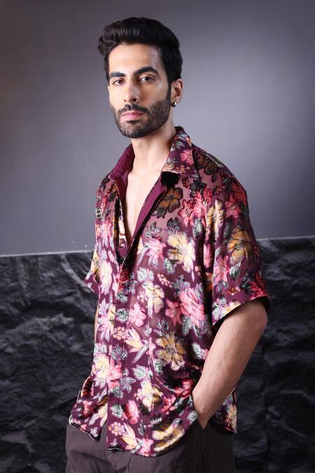 Label Muslin_Wine Floral Print Brasso Shirt _Online_at_Aza_Fashions