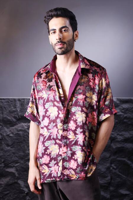Buy_Label Muslin_Wine Floral Print Brasso Shirt _Online_at_Aza_Fashions