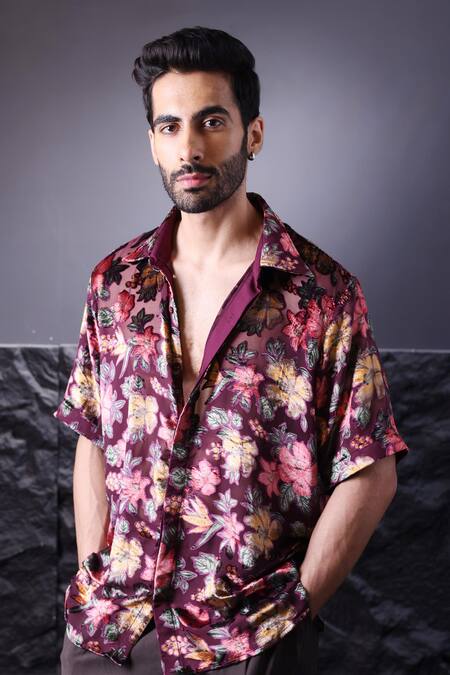 Shop_Label Muslin_Wine Floral Print Brasso Shirt _Online_at_Aza_Fashions