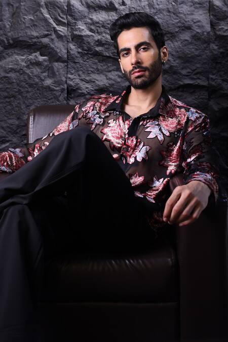 Label Muslin_Black Embroidery Floral Print Designer Shirt _Online_at_Aza_Fashions