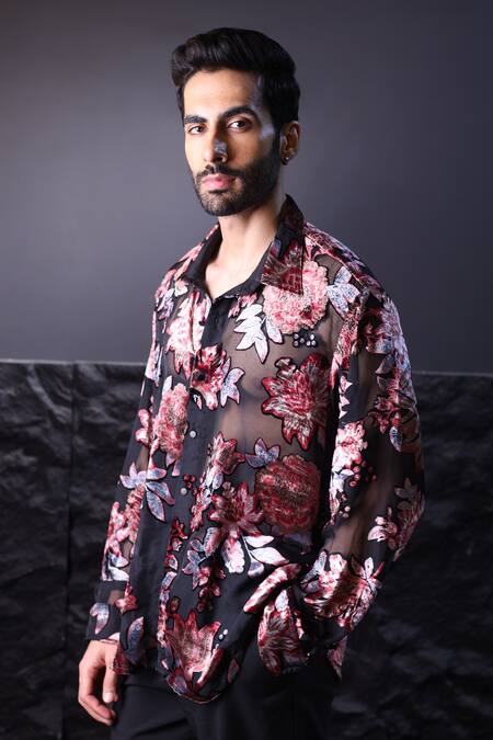 Buy_Label Muslin_Black Embroidery Floral Print Designer Shirt _Online_at_Aza_Fashions
