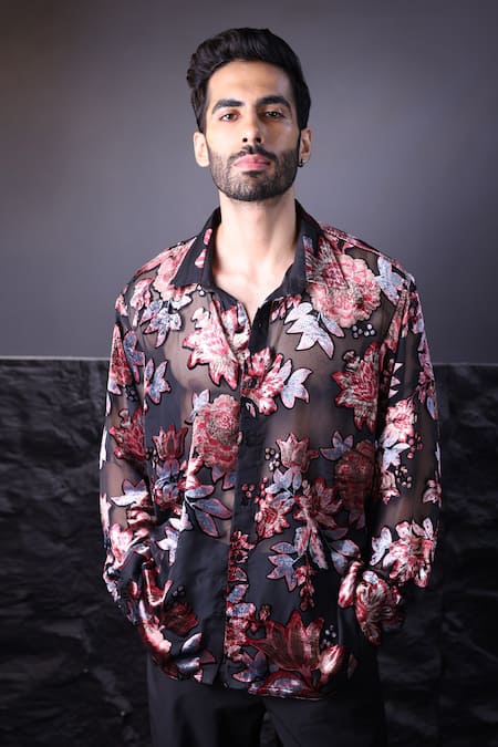 Label Muslin Black Embroidery Floral Print Designer Shirt 