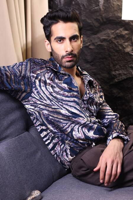 Label Muslin_Blue Designer Brasso Shirt _Online_at_Aza_Fashions