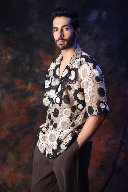 Label Muslin_Black And Cream Crochet Designer Shirt _Online_at_Aza_Fashions