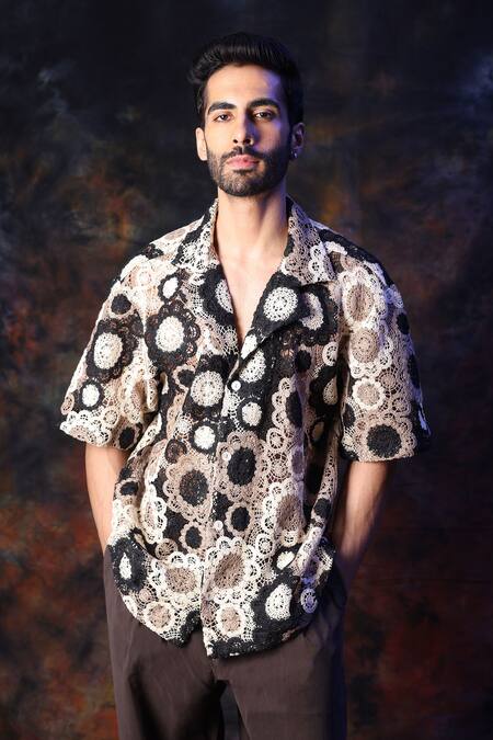 Shop_Label Muslin_Black And Cream Crochet Designer Shirt _Online_at_Aza_Fashions